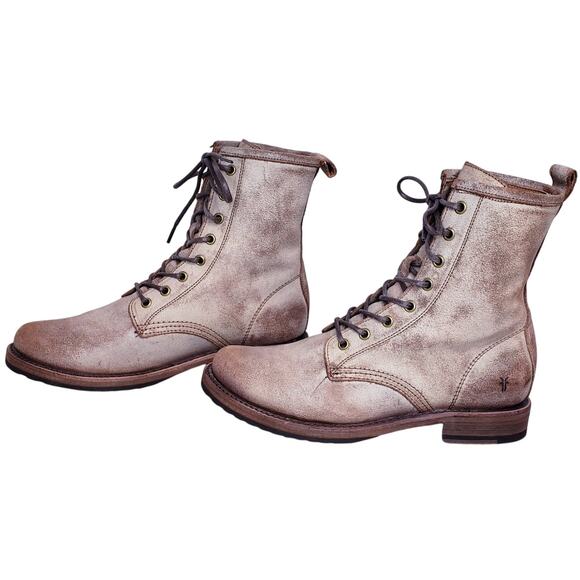 FRYE Veronica Combat Boots Distressed Tan/Beige Women's Size 9 B in VGUC - Picture 1 of 15